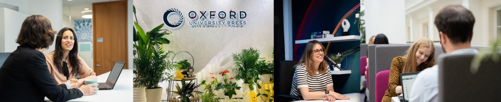 A series of photos showing  colleagues at work, and the Oxford University Press logo.