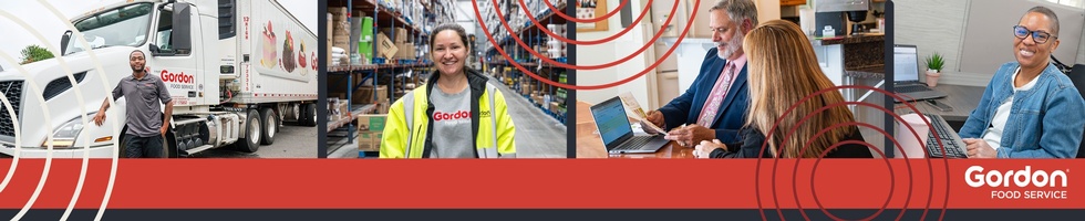 Nine employees stand side by side, smiling. A red banner below displays the Gordon Food Service.