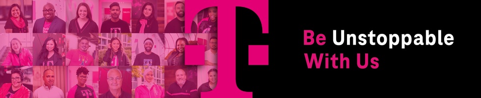 Be unstoppable with us Image of a group of smiling T-Mobile employees.
